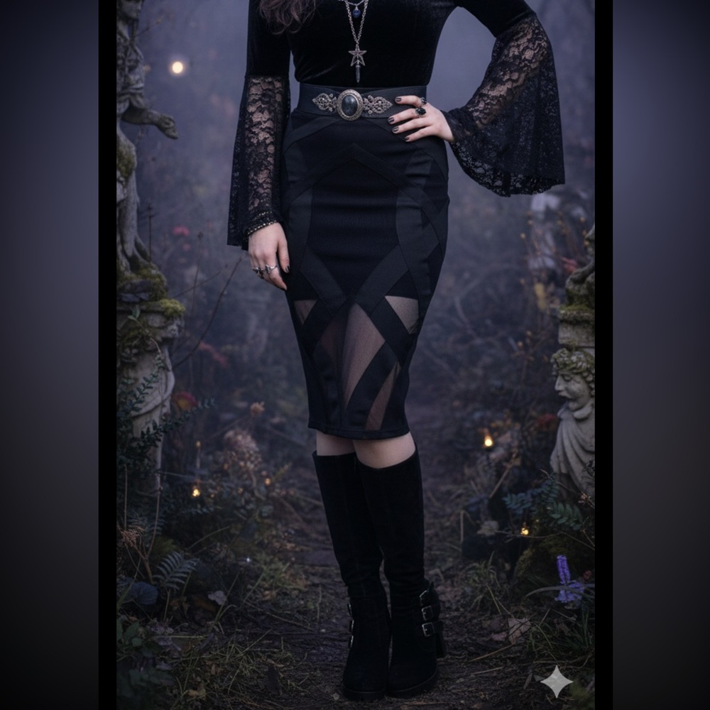 WOW Coture Hottie midi skirt Whimsigoth vampire emo sheer black bodycon Small